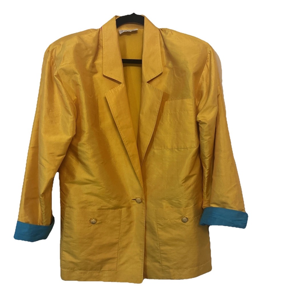 VTG Jim Thompson Thai Silk Blazer Jacket Yellow Blue Cuffs 70s 80s Small